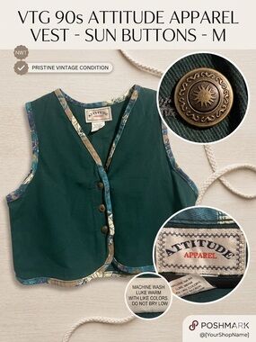 Vtg 90s Attitude Apparel Celestial Forest Green Vest Sun Buttons